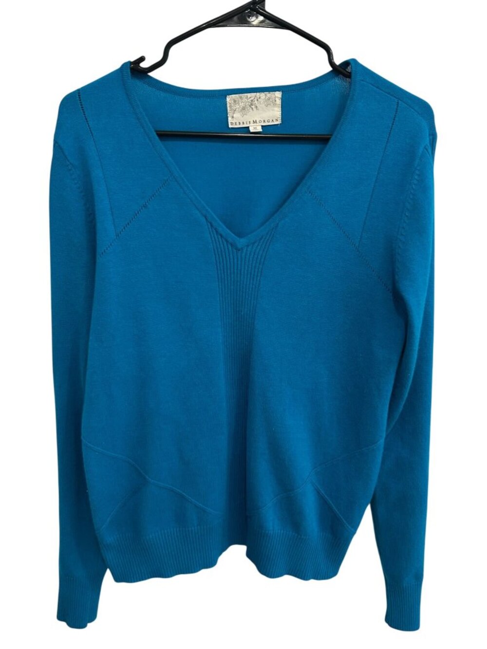 Debbie Morgan Medium Blue V-Neck Knit Sweater Rayon Blend Minimalist Cozycore